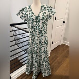 Ex Voto 100% Cotton White Green Bird Block Printed Maxi Dress Green NWT SZ M